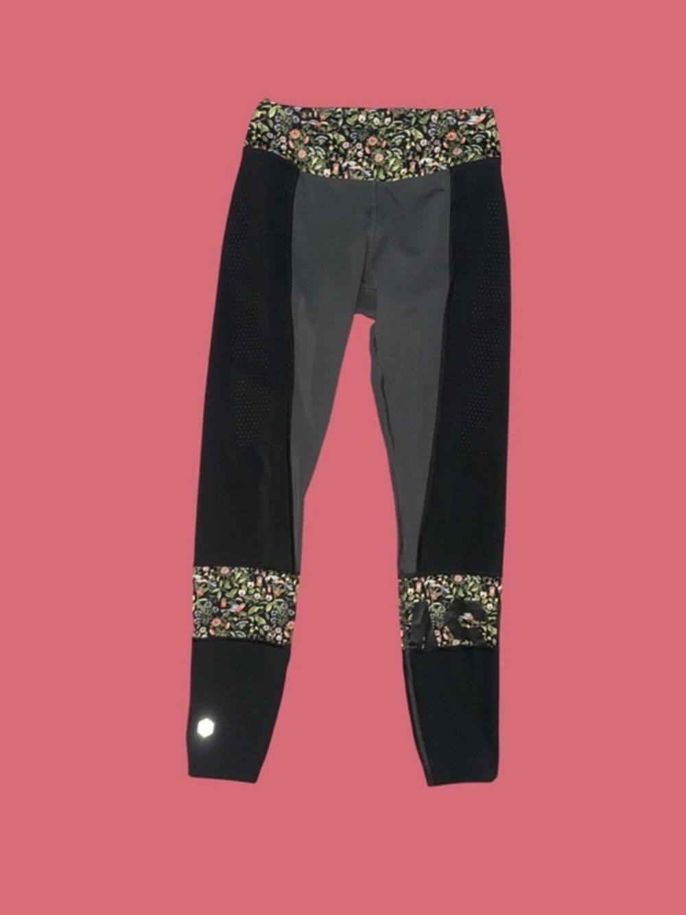 Asics Women’s Size XS Black & Gray Floral-Trim Active Leggings Gym Fitness Pants
